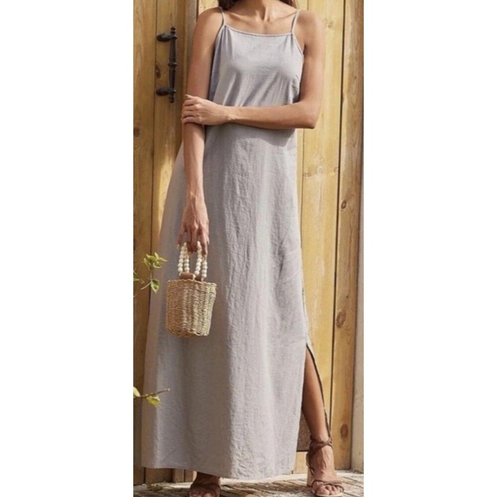 Laura Bianchi Linen Maxi Dress Medium Gray/Beige Pockets Coastal Resort Beachy